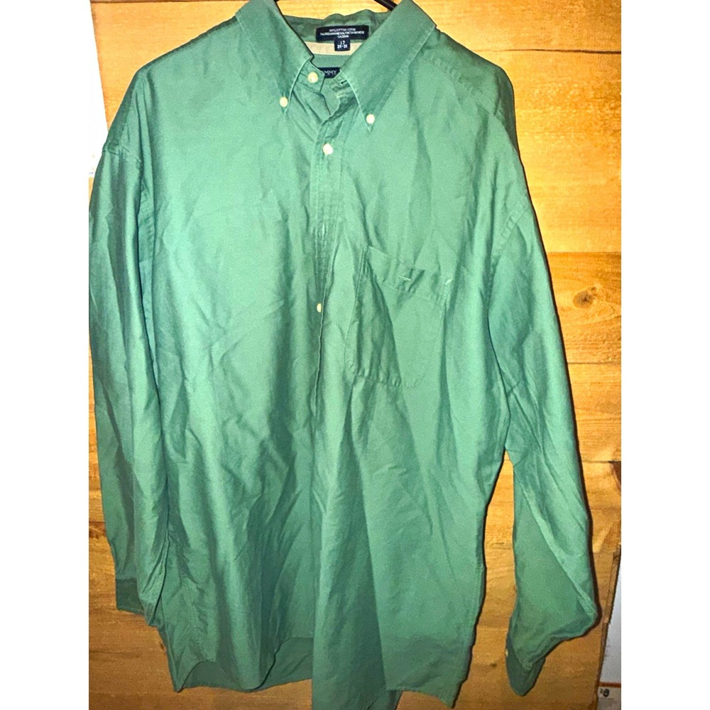 Tommy Hilfiger Men's Green Solid Woven Cotton Button-Down Shirt 17 34-35